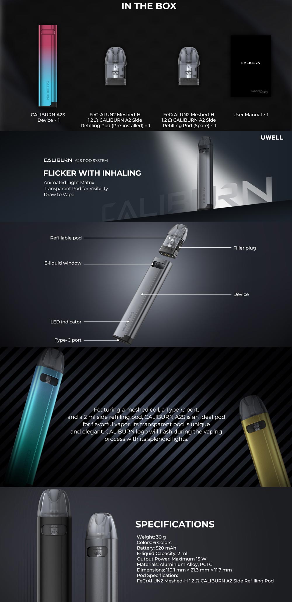 Uwell-Caliburn-A2S-Vape-Pod-Kit-Specifications