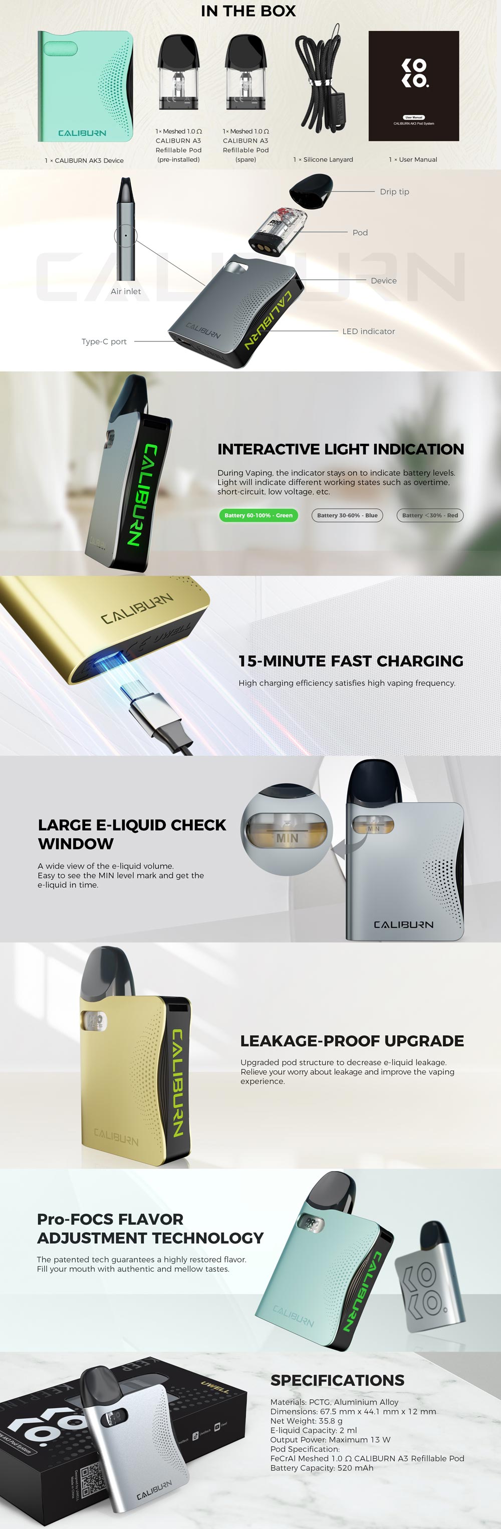 Uwell-Caliburn-AK3-Vape-Pod-Kit-specifications