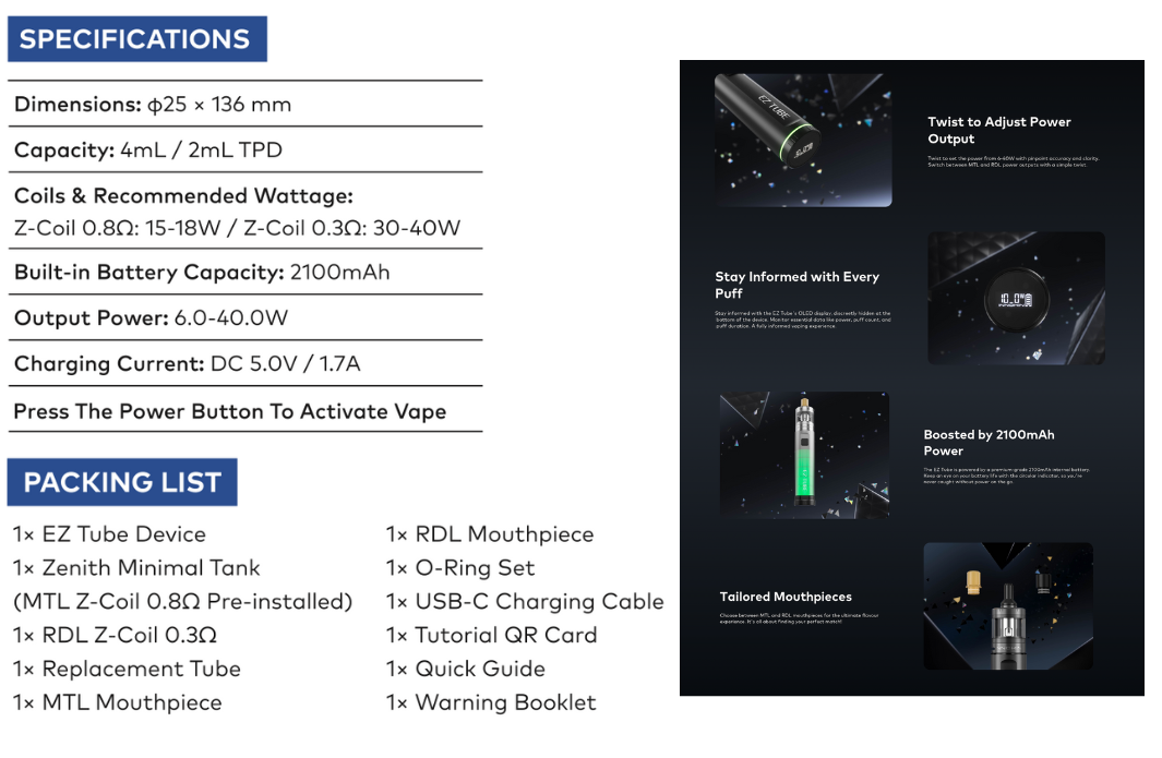 innokin-ez-tube-vape-starter-kit-specifications