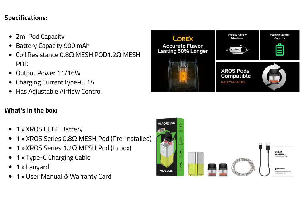 xros-cube-pod-vape-kit-specifications